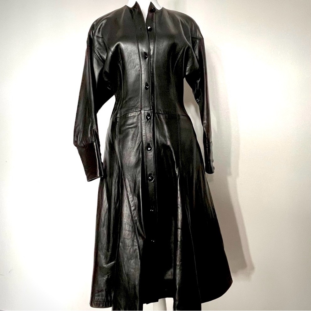 Vtg Anni Black Lambskin Leather Midi Button Dress-Coat Rare Pristine Whimsygoth